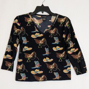 RAAKHEE Black/Brown Knit Short Pullover Top; Western Cowgirl Bling; Size S